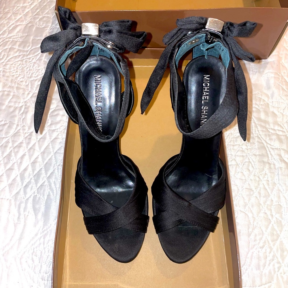 Michael Shannon Black Silk Strapped Heels with Bow Details // Size 7.5 Womens